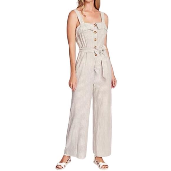 Vince Camuto Sleeveless Natural Linen Stripe Tie Front Jumpsuit Natural - Picture 2 of 16